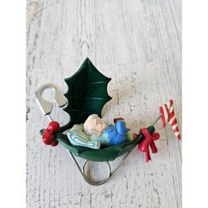Enesco 1988 pin-up Santa safety pin poinsettia ornament vintage Xmas tree